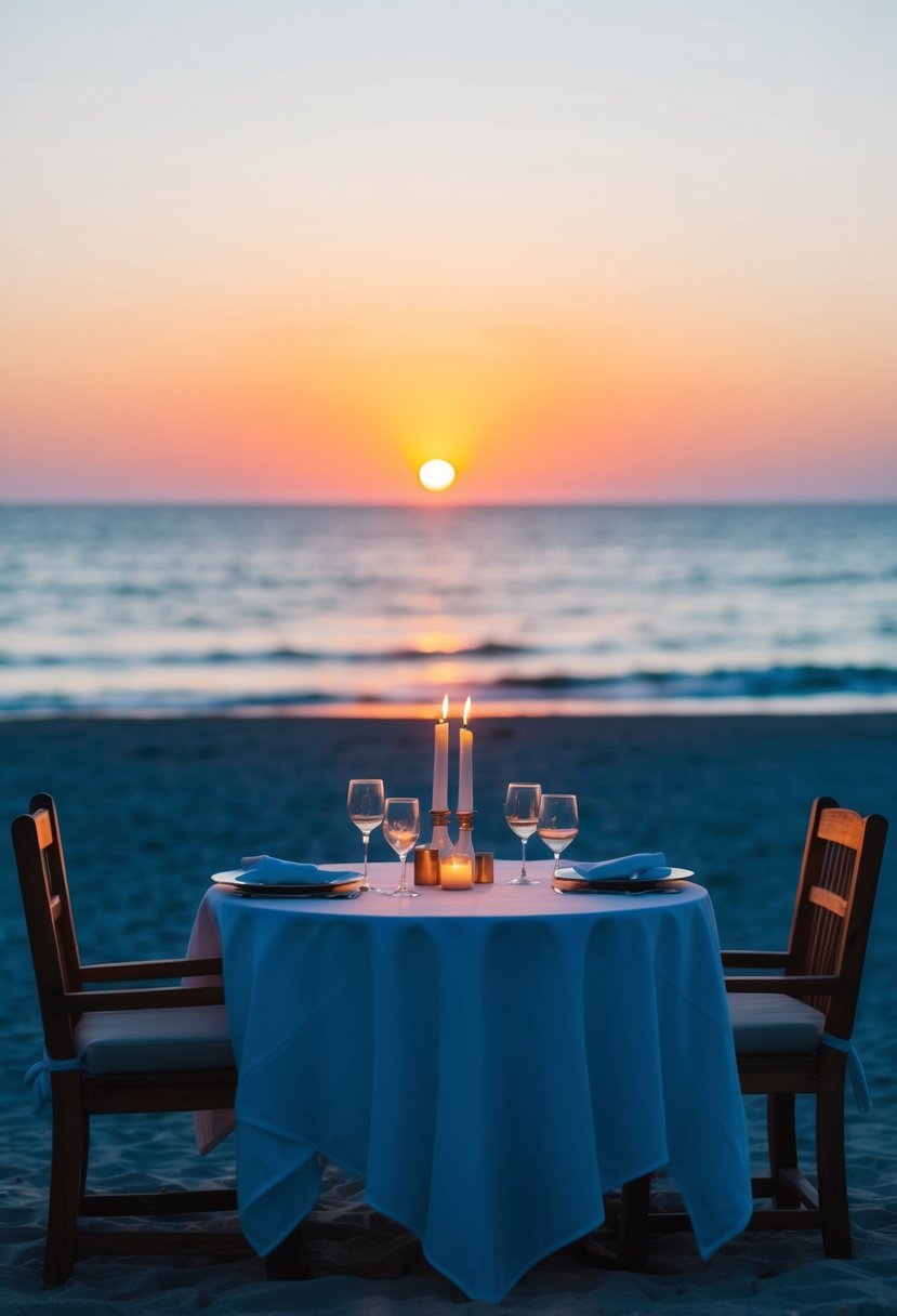 A candlelit dinner on a beach at sunset, with a table set for two and a view of the ocean