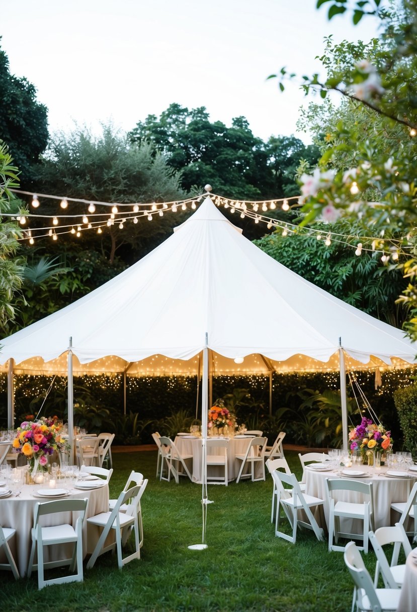 A white tent set up in a lush garden, adorned with twinkling lights and colorful flowers. Tables draped in elegant linens and surrounded by chairs