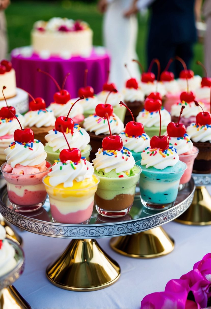 A colorful display of ice cream sundaes topped with whipped cream, sprinkles, and cherries, arranged on a decorative dessert table at a wedding reception