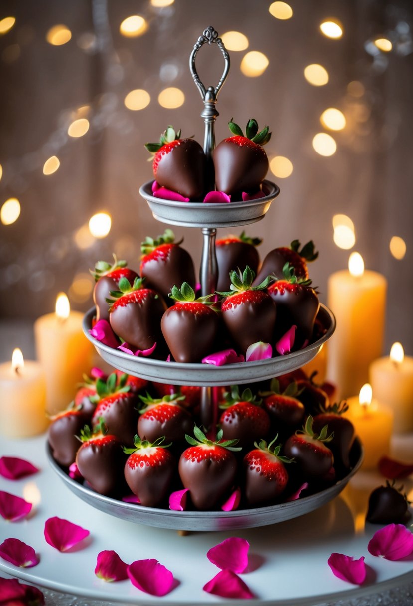 A platter of chocolate-covered strawberries arranged on a tiered stand, surrounded by rose petals and flickering candles