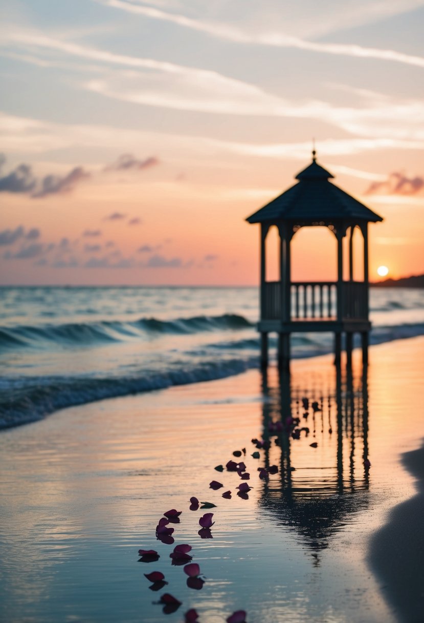 A serene beach at sunset, with a quaint wooden gazebo and a scattering of rose petals leading to the water's edge