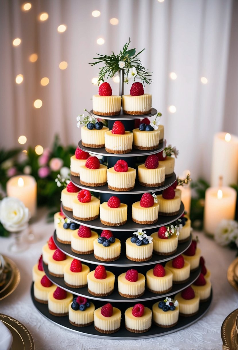 A tiered display of mini cheesecakes adorned with fresh berries and delicate edible flowers, set against a backdrop of soft candlelight and romantic decor