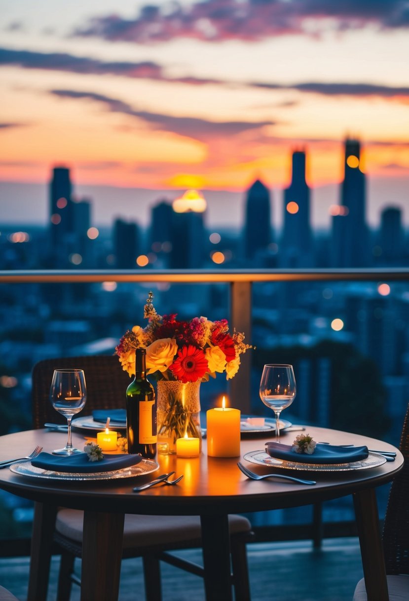 A candlelit table with flowers and wine overlooks a city skyline at sunset