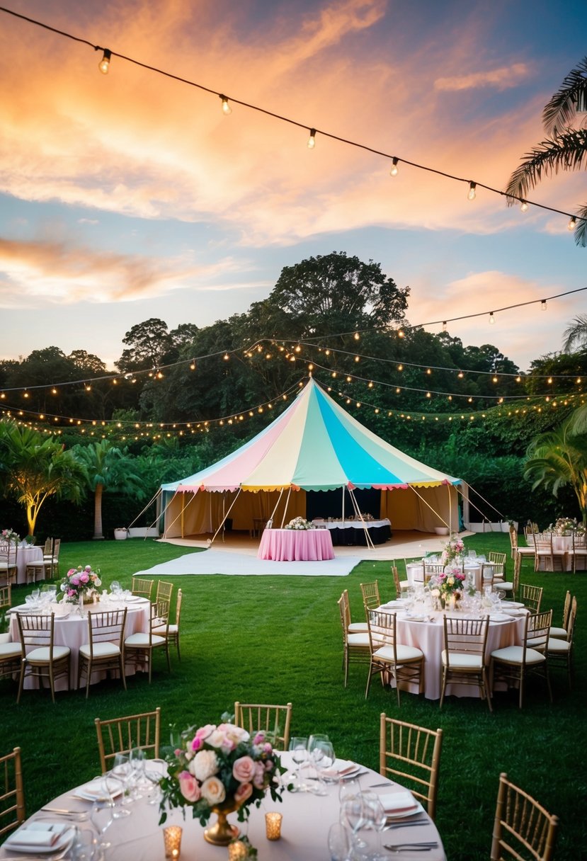 A colorful tent set up in a spacious outdoor area, surrounded by lush greenery and twinkling lights. Tables adorned with elegant centerpieces and a dance floor in the center