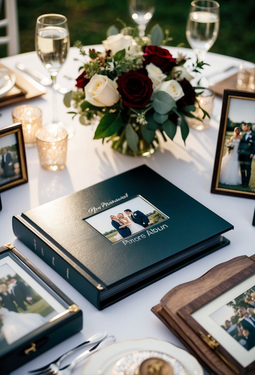 A table set with a personalized photo album, surrounded by wedding memorabilia and romantic decor