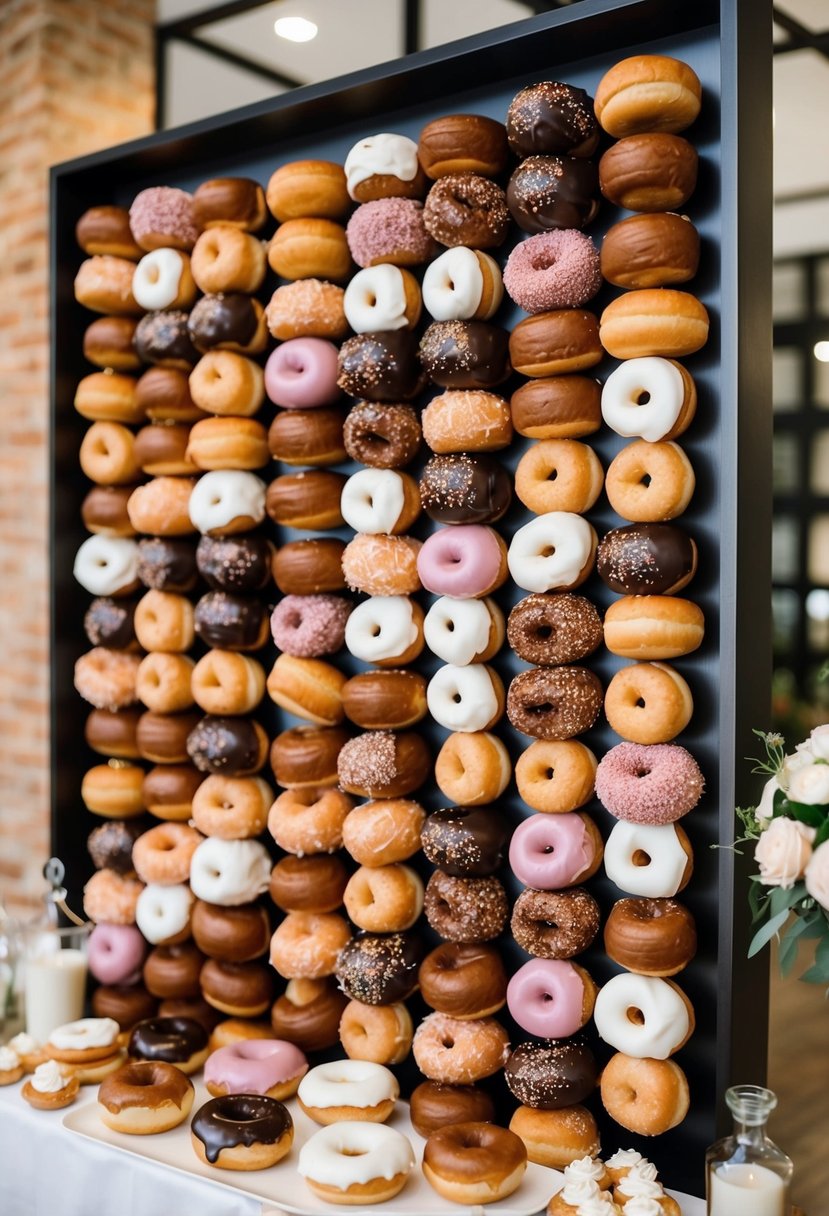 A decorative wall filled with assorted donuts for a wedding dessert display