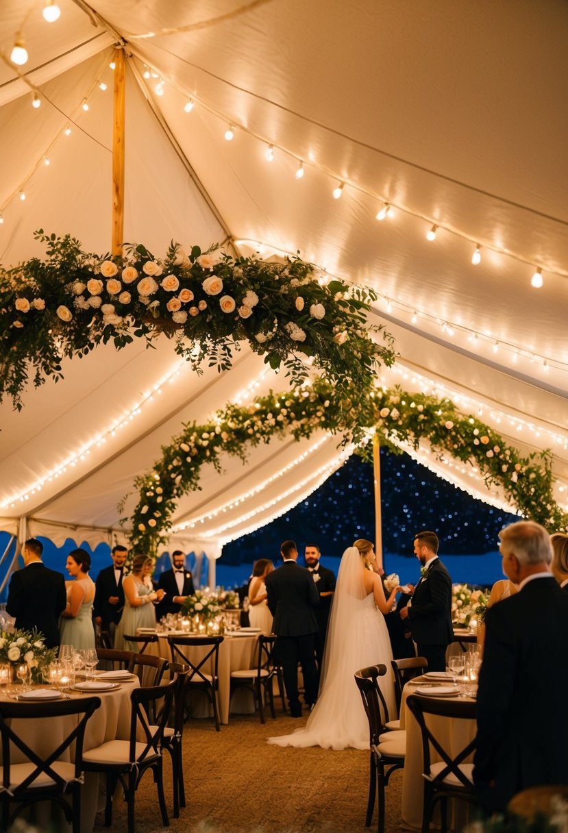 A cozy tent wedding with twinkling lights, elegant table settings, and a lush floral archway. Guests mingle under a starry night sky