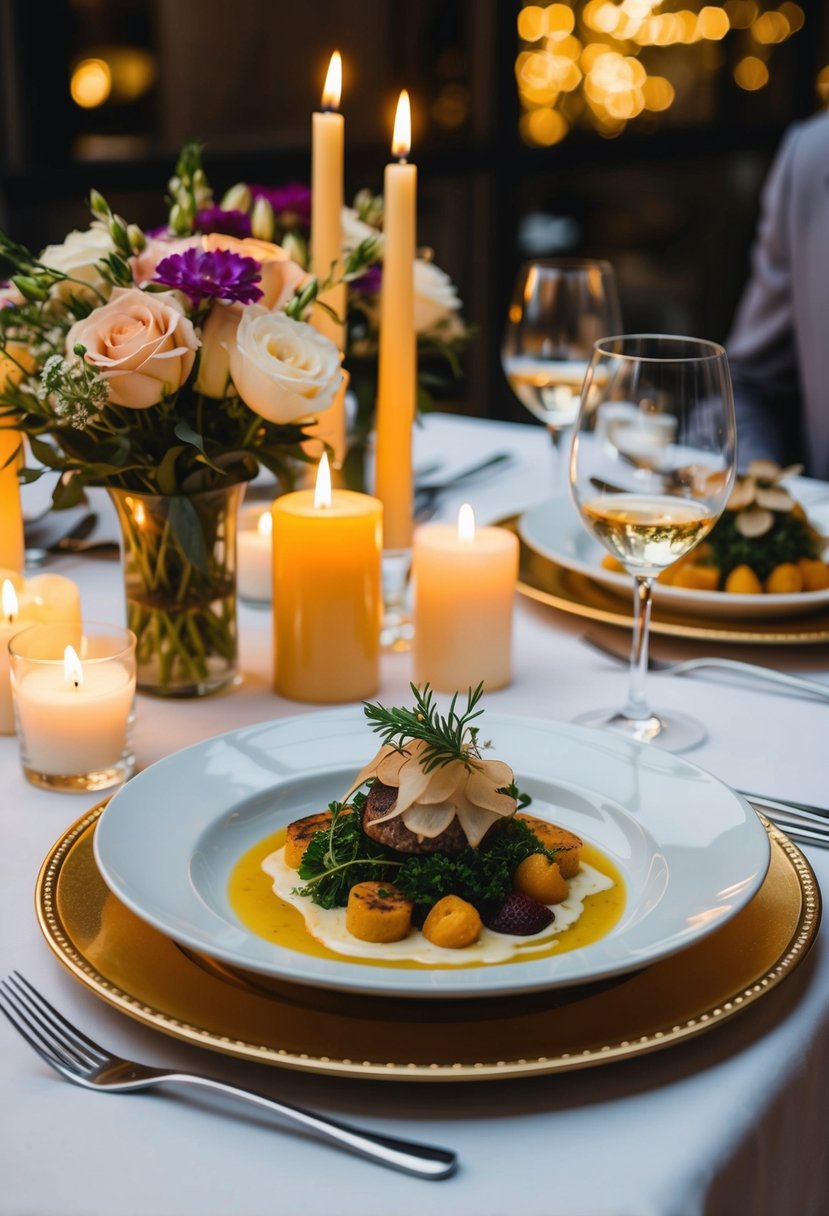 A beautifully set table with a gourmet meal, candles, and flowers, awaits a couple for a surprise private chef experience