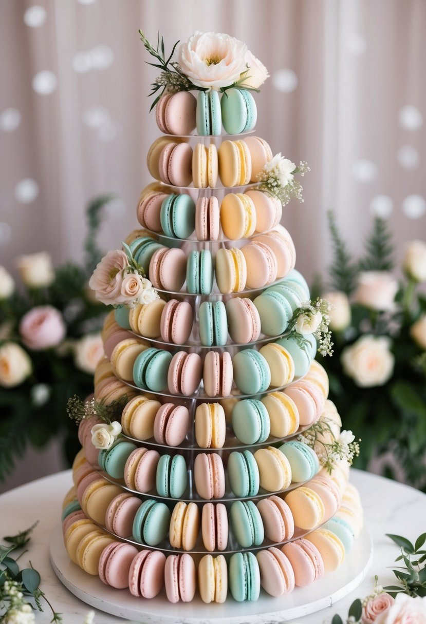 A towering display of pastel macarons arranged in a spiral formation, adorned with delicate flowers and greenery, set against a romantic wedding backdrop