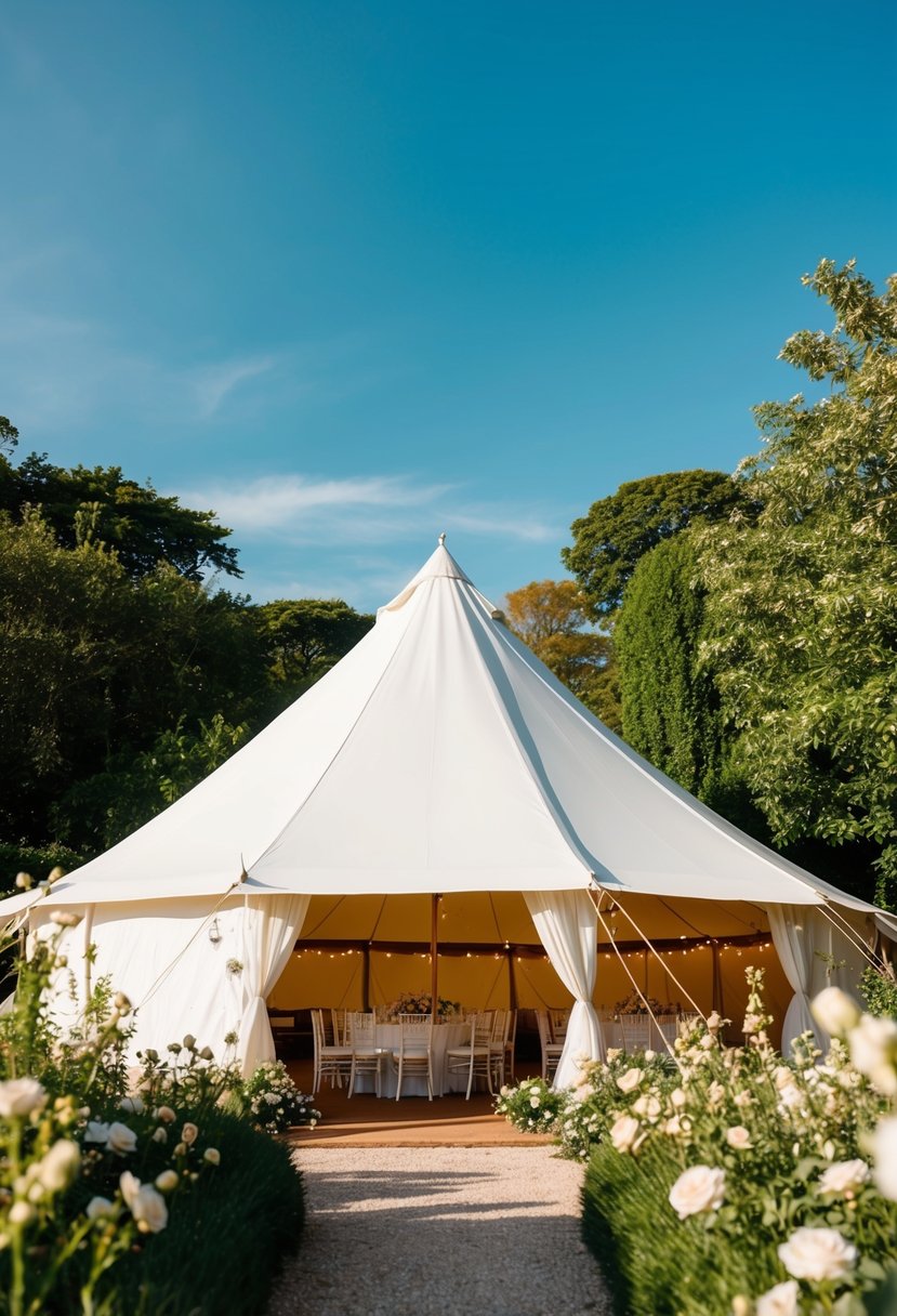 A picturesque outdoor wedding with a white, elegant tent nestled among lush greenery and blooming flowers. A clear blue sky and warm sunlight create a romantic atmosphere