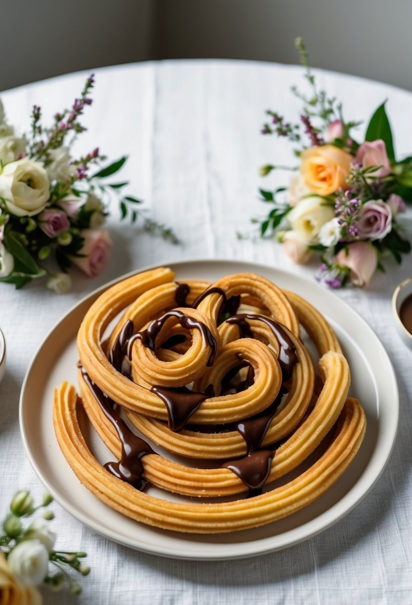 A platter of golden churros drizzled with rich chocolate sauce, surrounded by delicate floral arrangements on a white linen tablecloth