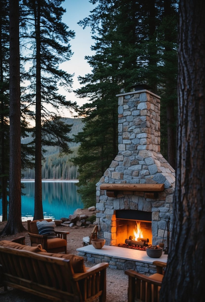 A cozy cabin nestled in the woods, surrounded by towering trees and a peaceful lake. A crackling fire burns in the stone fireplace, casting a warm glow over the rustic interior