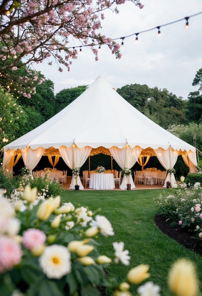 A white wedding tent set up in a lush garden, with elegant drapery and twinkling lights, surrounded by blooming flowers and greenery