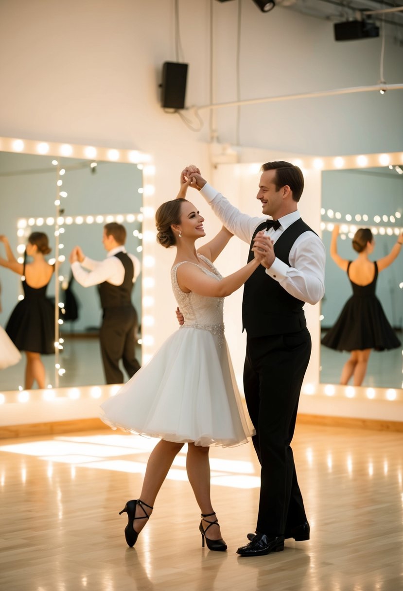 A couple gracefully waltzing in a spacious, sunlit dance studio, surrounded by mirrors and twinkling fairy lights