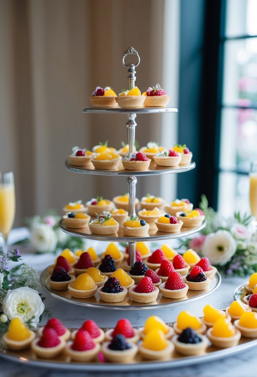 A table adorned with an assortment of colorful fruit tartlets, arranged elegantly on a tiered display stand, surrounded by delicate floral decorations