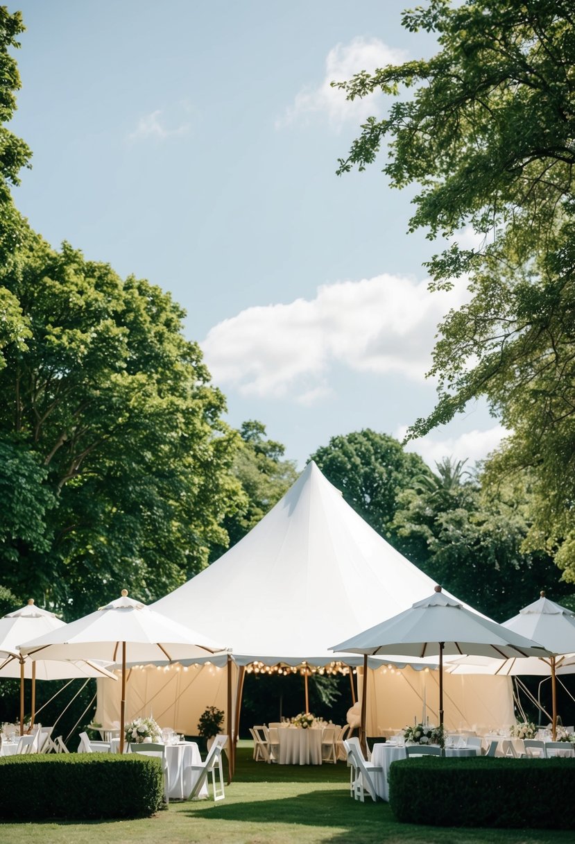 A white tent wedding in a lush garden with clear skies, surrounded by sturdy umbrellas and a backup plan for rain