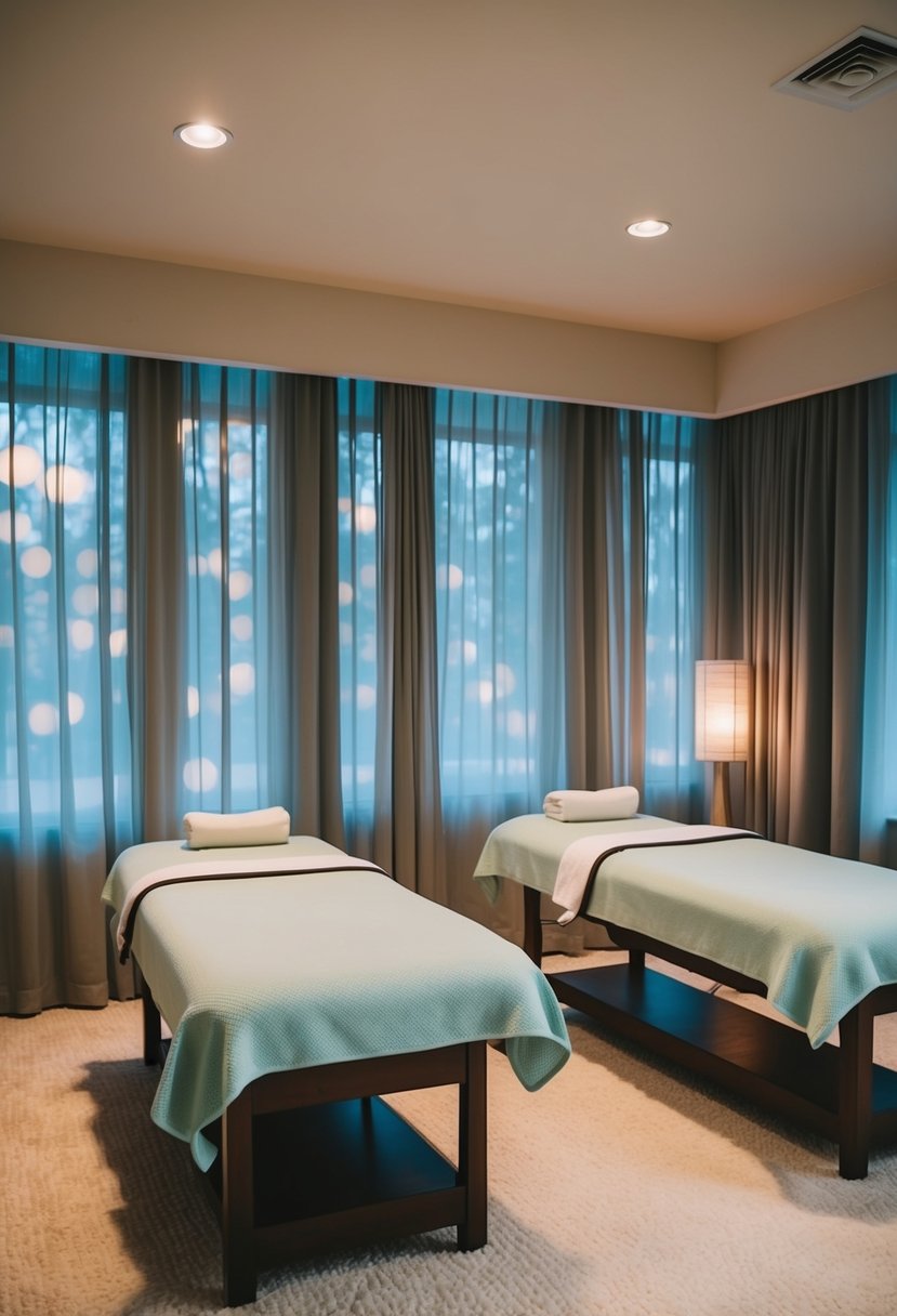 A serene spa room with two massage tables, soft lighting, and tranquil music