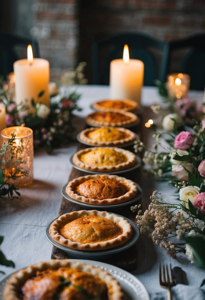 A rustic table set with an array of hand pies in various flavors, surrounded by delicate floral arrangements and glowing candlelight