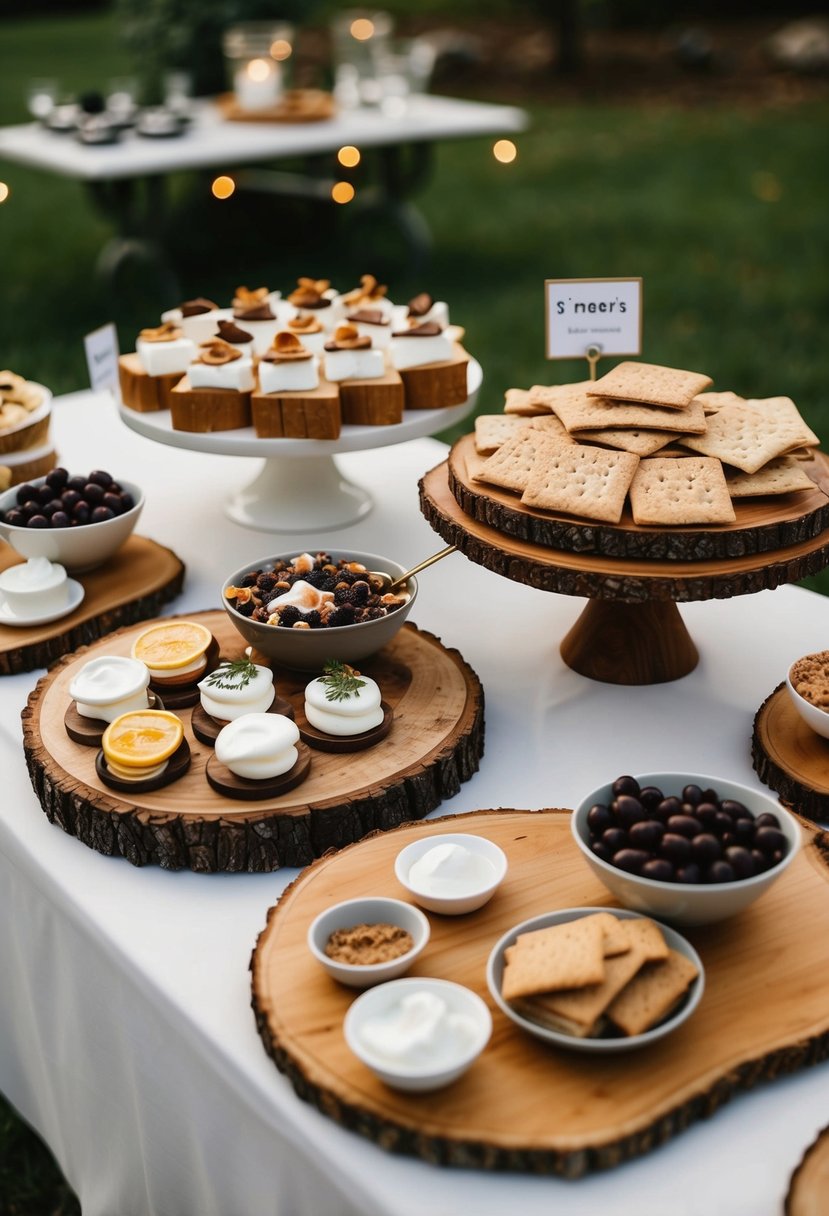 A rustic outdoor wedding dessert table with a variety of s'mores ingredients and toppings displayed on wooden boards and platters