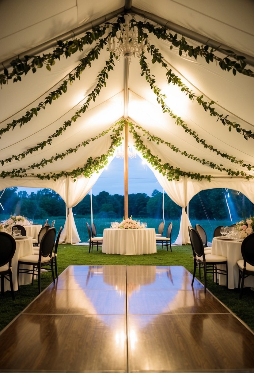 A tent with wedding decor transforms into a reception space with a dance floor and seating area. Outdoor scenery is visible through the open sides