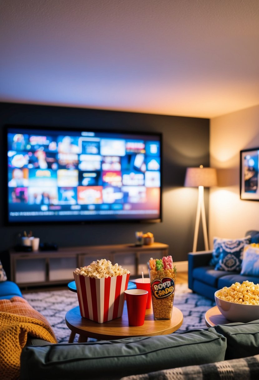 A cozy living room with a big screen, pillows, and blankets. A table is filled with themed snacks like popcorn, candy, and drinks