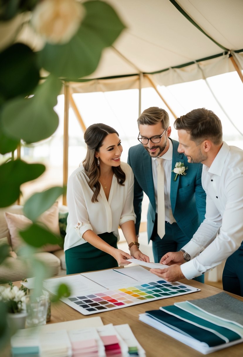 A wedding planner and a couple discuss tent wedding details in a cozy, well-lit office with color swatches and fabric samples on a table