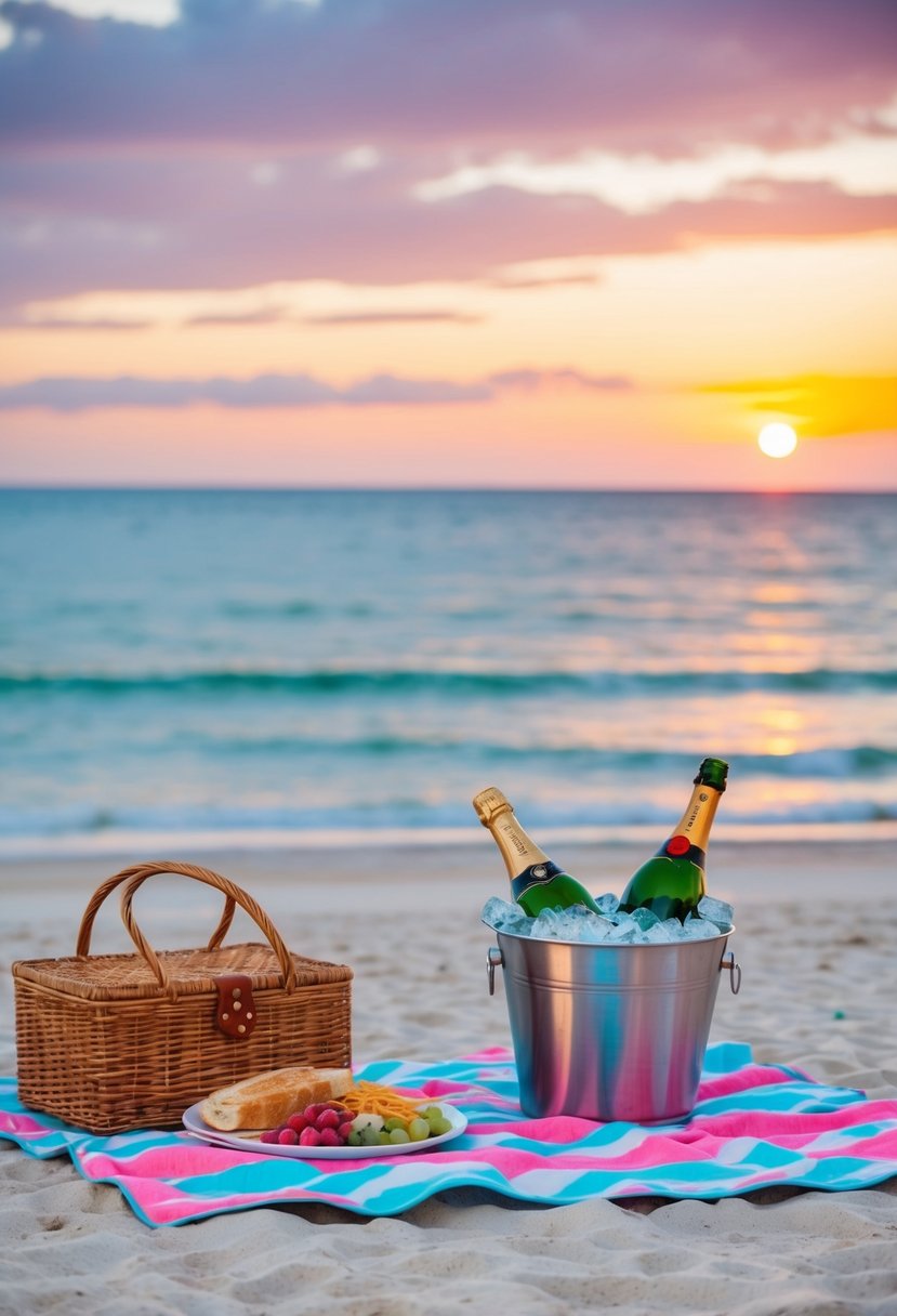 A serene beach with a colorful sunset, a picnic blanket spread out with a basket of food, and a bottle of champagne chilling in a bucket of ice