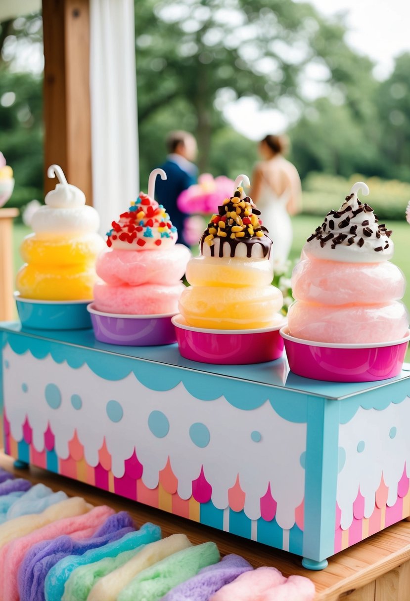 A colorful cotton candy station with various flavors and toppings for a wedding dessert display