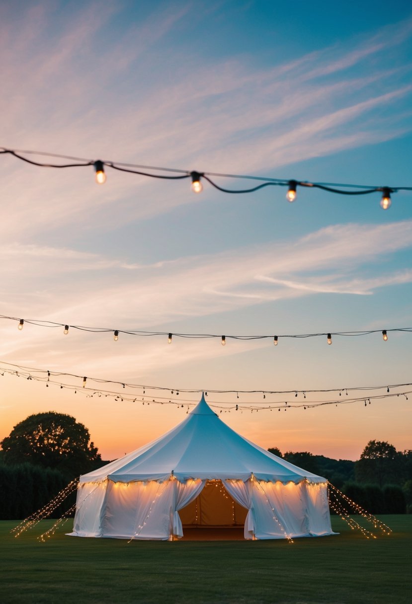 A white tent adorned with warm string lights and elegant drapery, set against a sunset backdrop