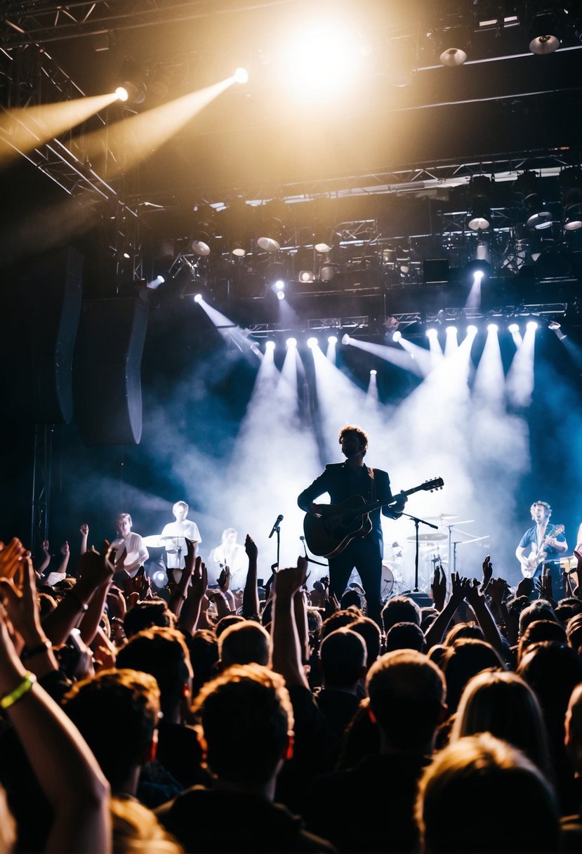 Crowd cheers as lights flash on stage, highlighting the silhouette of the artist with their instrument. Music fills the air as fans sing along, creating a lively and energetic atmosphere