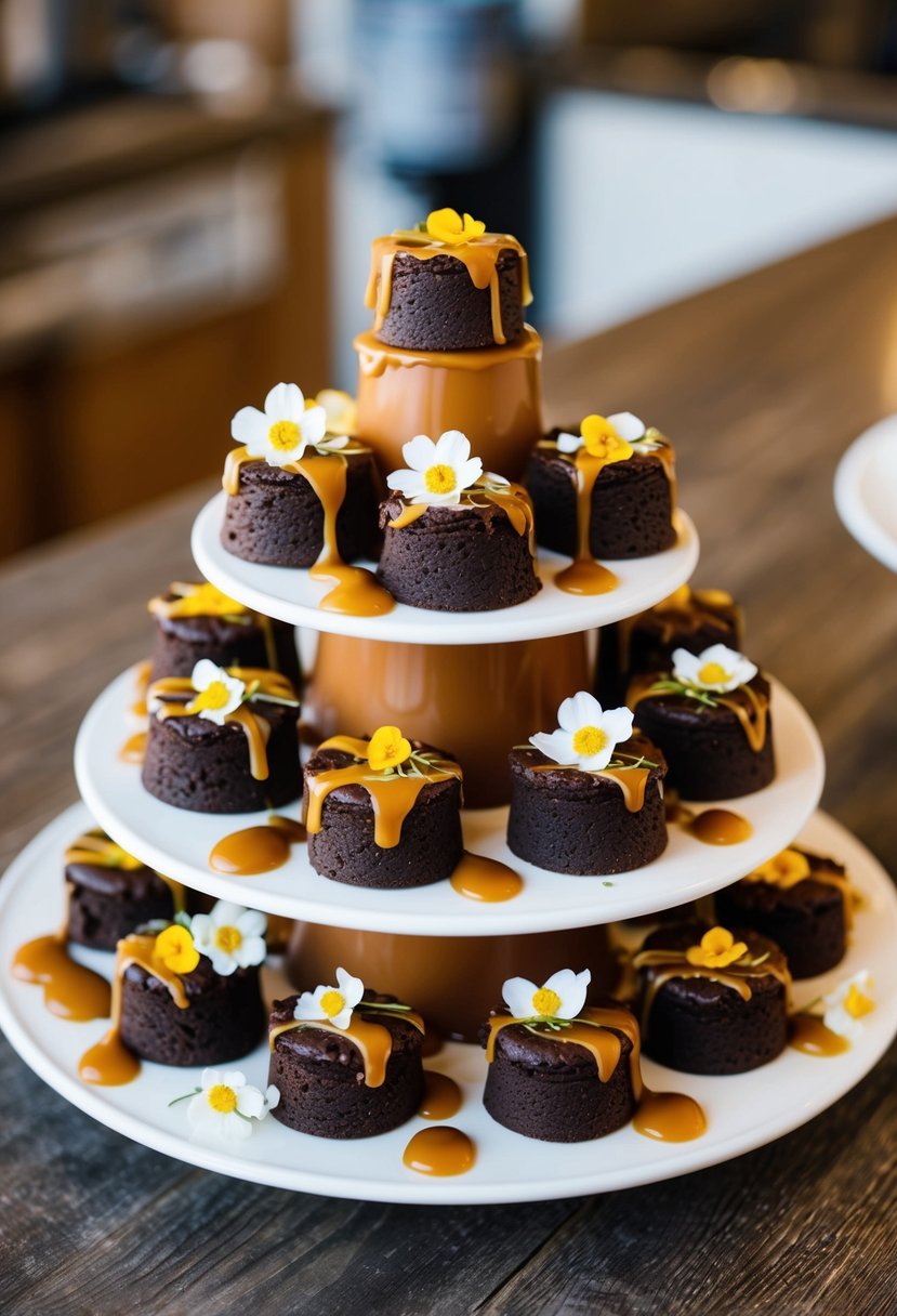 A tiered display of rich, chocolatey brownie bites adorned with delicate edible flowers and drizzled with decadent caramel sauce