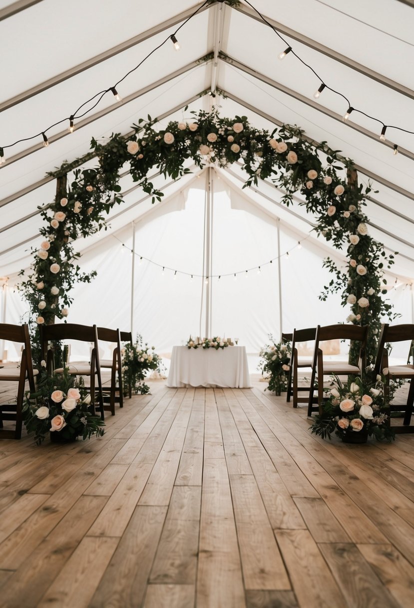 A white, spacious tent with sturdy wooden flooring, adorned with elegant floral decorations and twinkling string lights