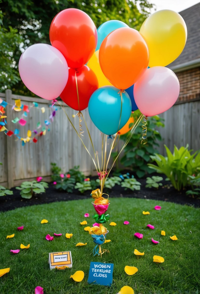 A backyard garden with colorful balloons, scattered rose petals, and hidden treasure clues