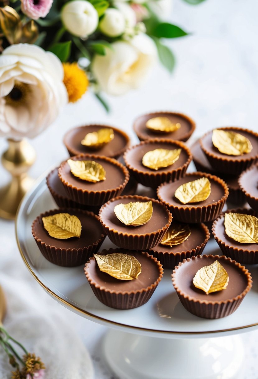 A tray of peanut butter cups topped with edible gold leaves, arranged on a white dessert table with elegant floral decor