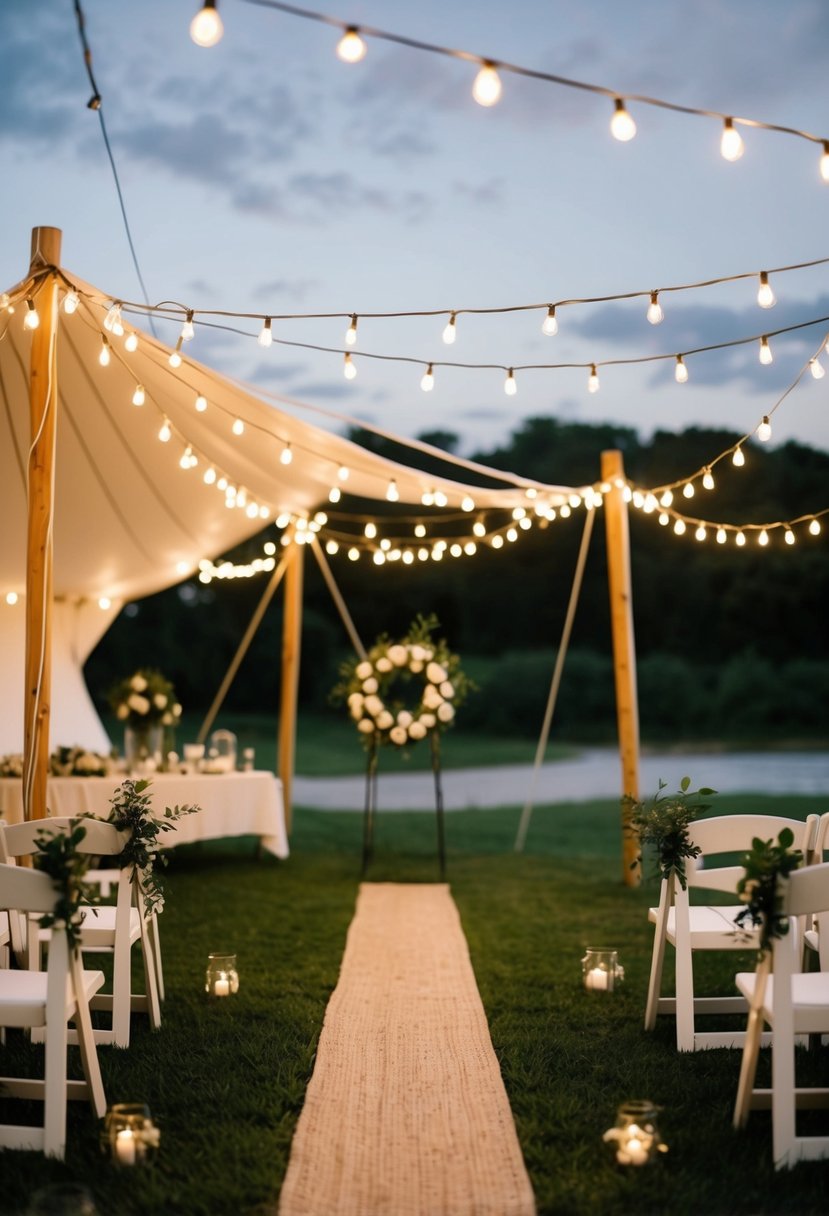 A cozy tent wedding with twinkling lights, personalized decor, and a charming outdoor setting