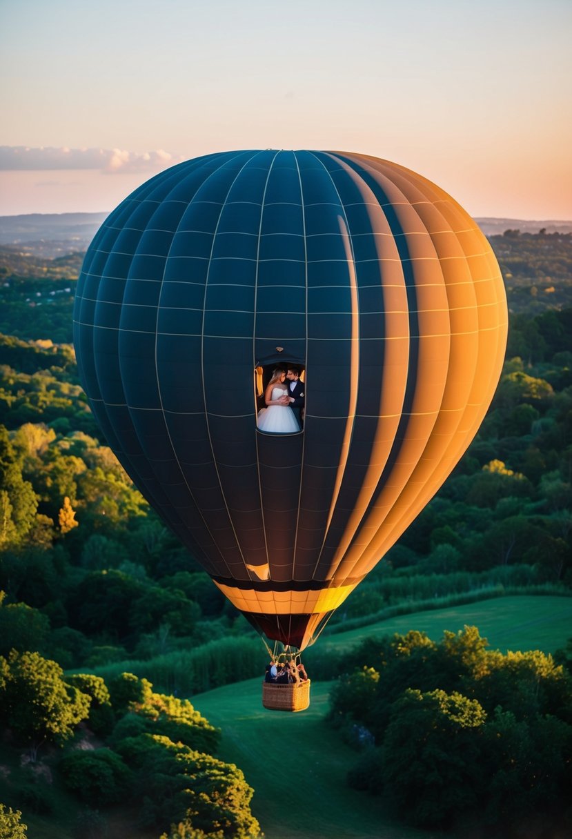 A hot air balloon floats above a lush landscape at sunset, with a couple inside, celebrating their wedding anniversary