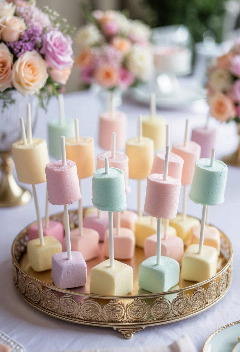 A table adorned with elegant marshmallow pops in various pastel colors, arranged in a decorative display for a wedding dessert table