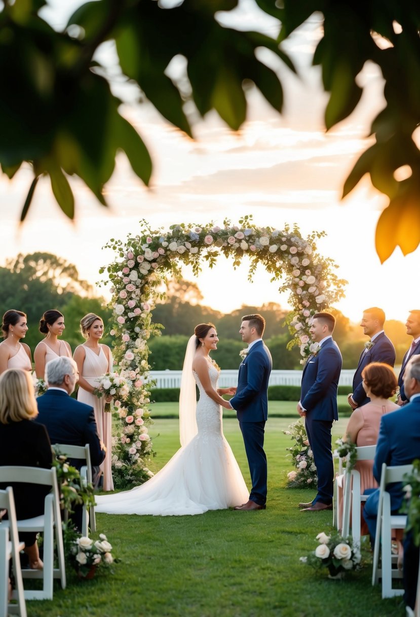 A couple stands beneath a floral arch in a serene garden, exchanging vows as the sun sets, surrounded by family and friends