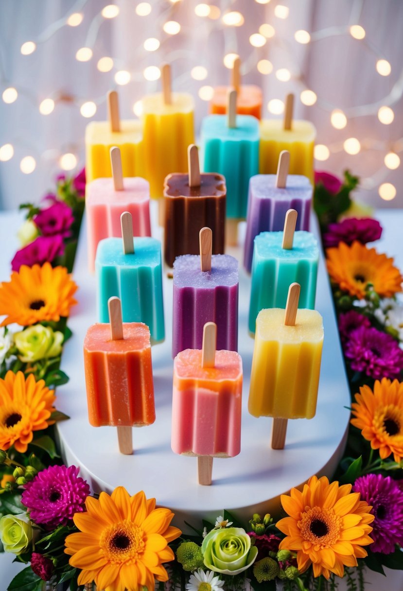 A colorful array of popsicles arranged in a decorative display, surrounded by vibrant flowers and twinkling lights, creating a festive wedding dessert scene