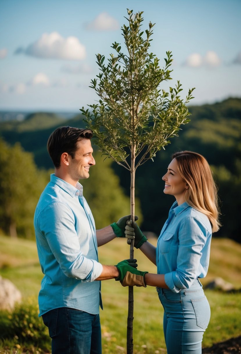 A couple planting a tree together in a scenic outdoor location