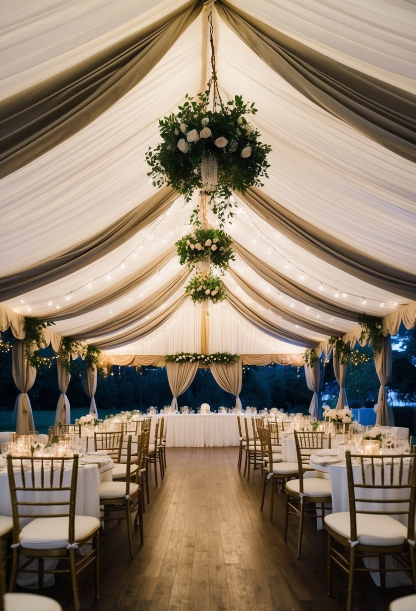 A spacious tent with elegant drapery, surrounded by lush greenery and twinkling lights, creating a romantic setting for a wedding celebration