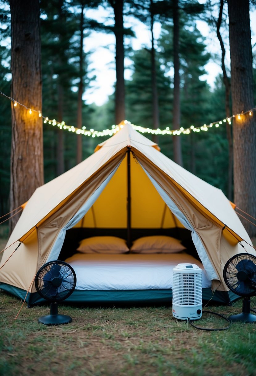 A cozy tent with open flaps, surrounded by trees and twinkling lights, with a small heater and fans strategically placed for comfort