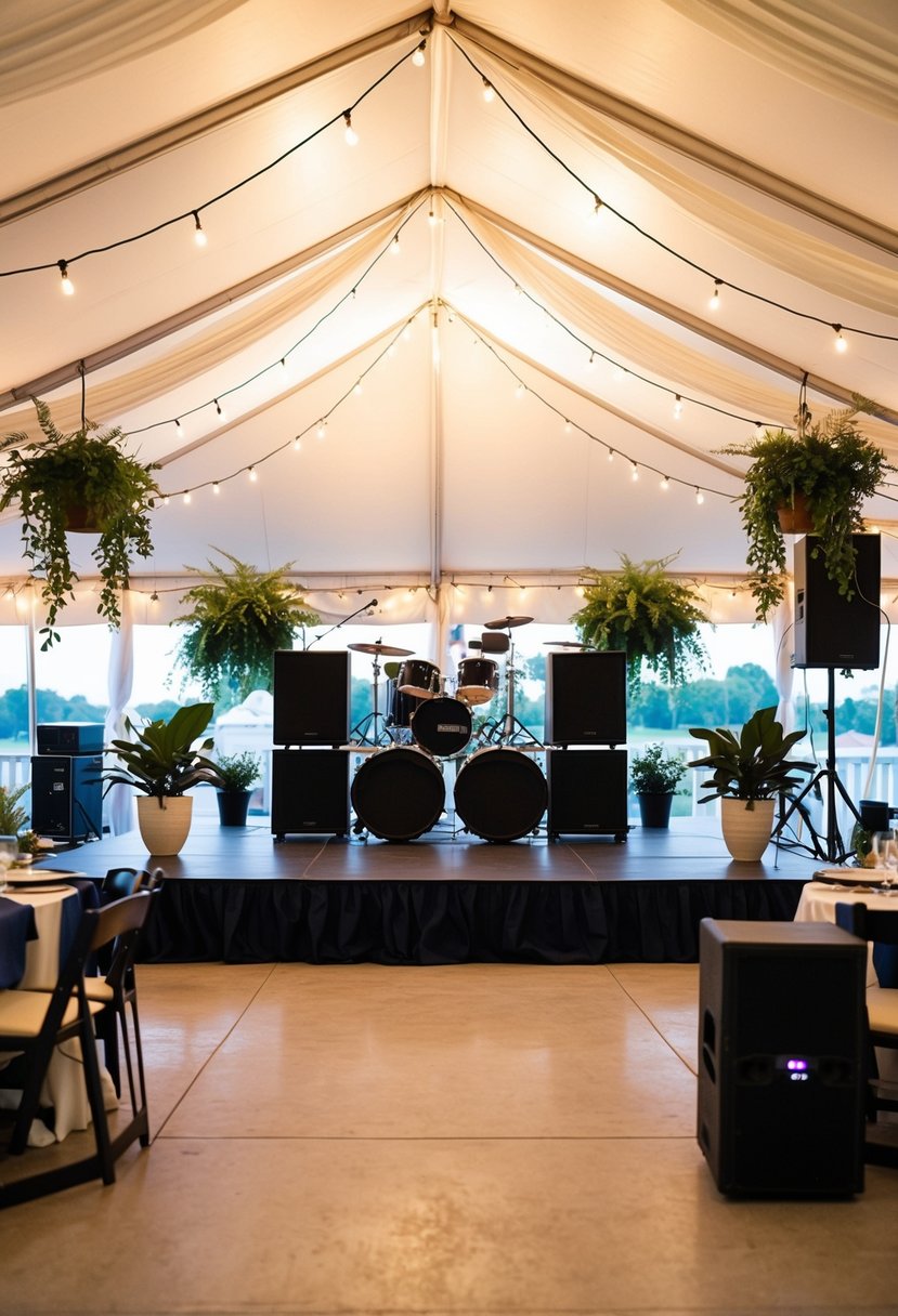 A tented wedding reception with hanging drapes, potted plants, and string lights. A stage with professional sound equipment and acoustic panels