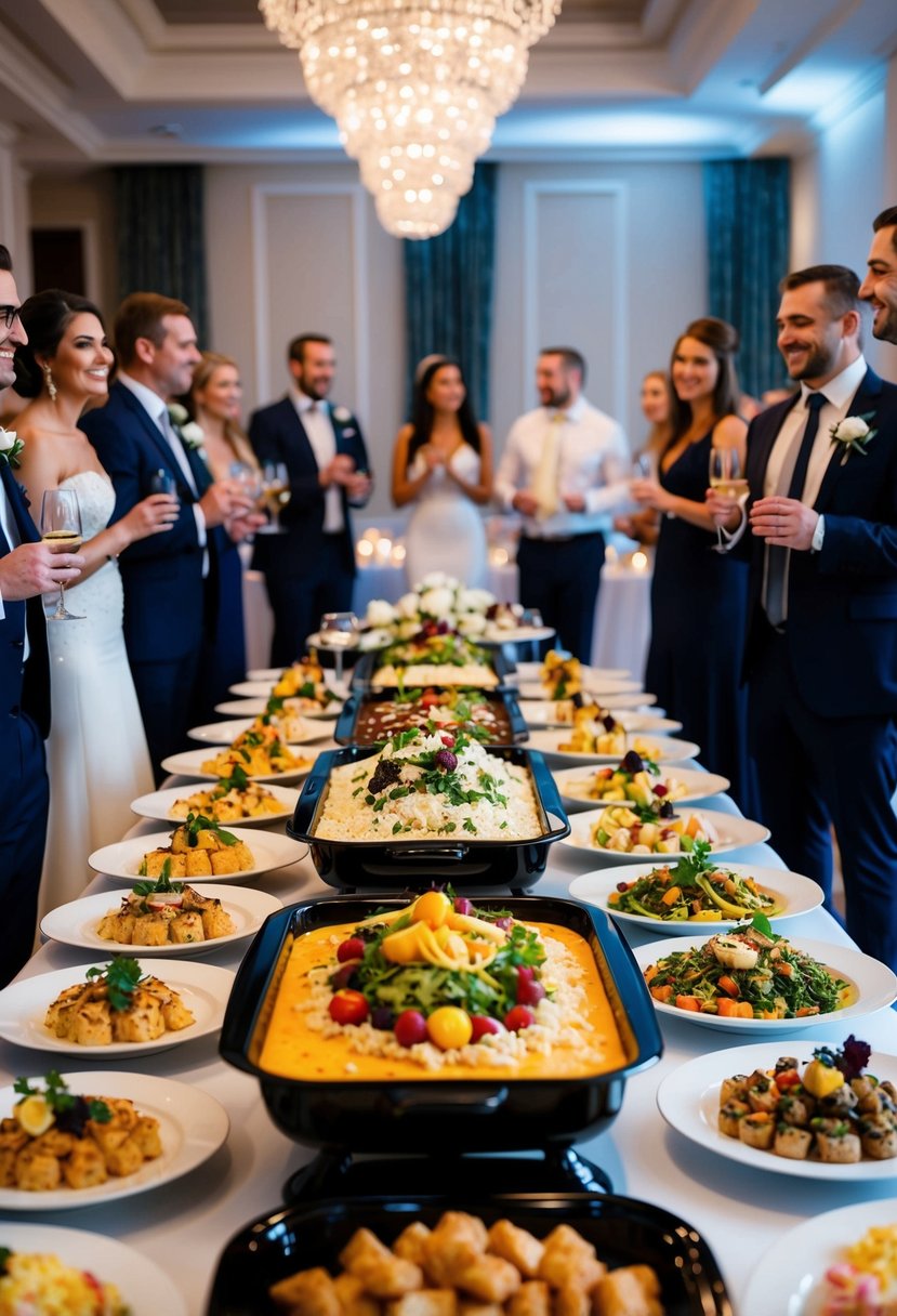 A beautifully decorated buffet table with an array of elegant and delicious dishes, surrounded by guests enjoying the wedding reception