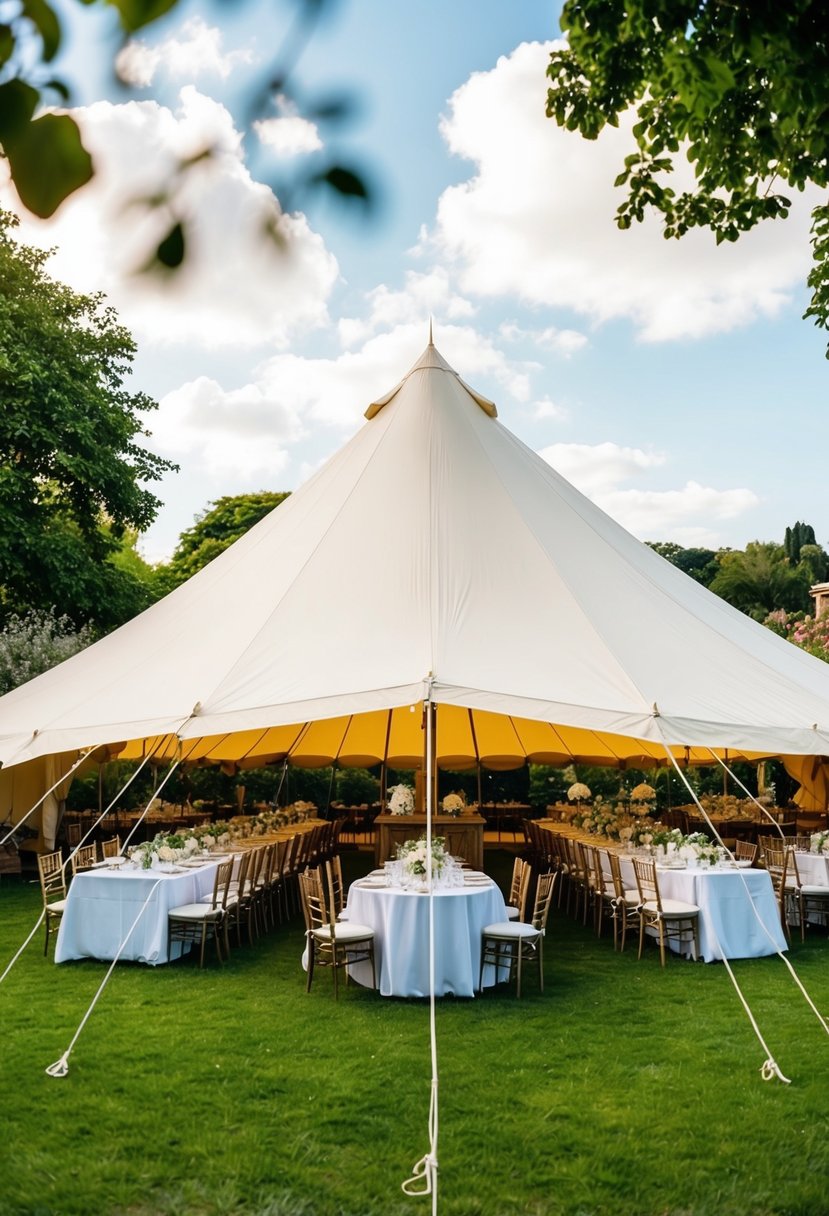 A tent being set up for a wedding, with tables, chairs, and decorations being arranged in a garden setting