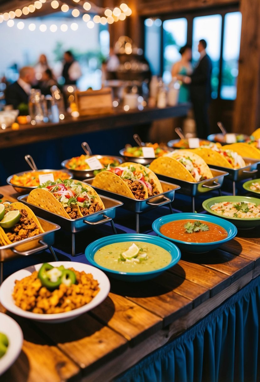 A colorful taco bar with a variety of local Mexican cuisine dishes displayed on rustic wooden tables at a wedding reception