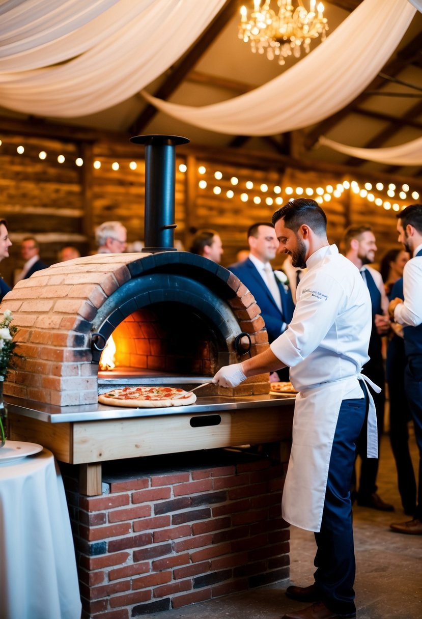 A rustic wood-fired pizza station at a wedding reception, with a chef preparing fresh pizzas in a brick oven while guests mingle nearby