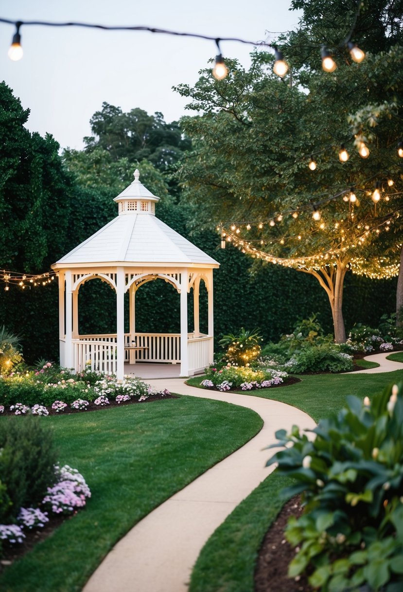 A lush garden with a white gazebo adorned with flowers, a winding path, and twinkling lights strung through the trees for a romantic wedding setting