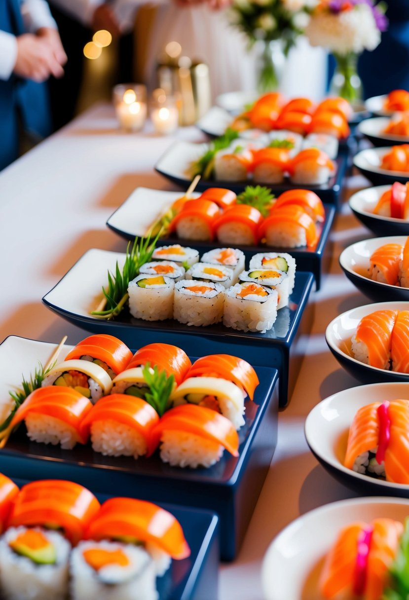 A colorful array of sushi rolls arranged on sleek serving stations at a lively wedding reception