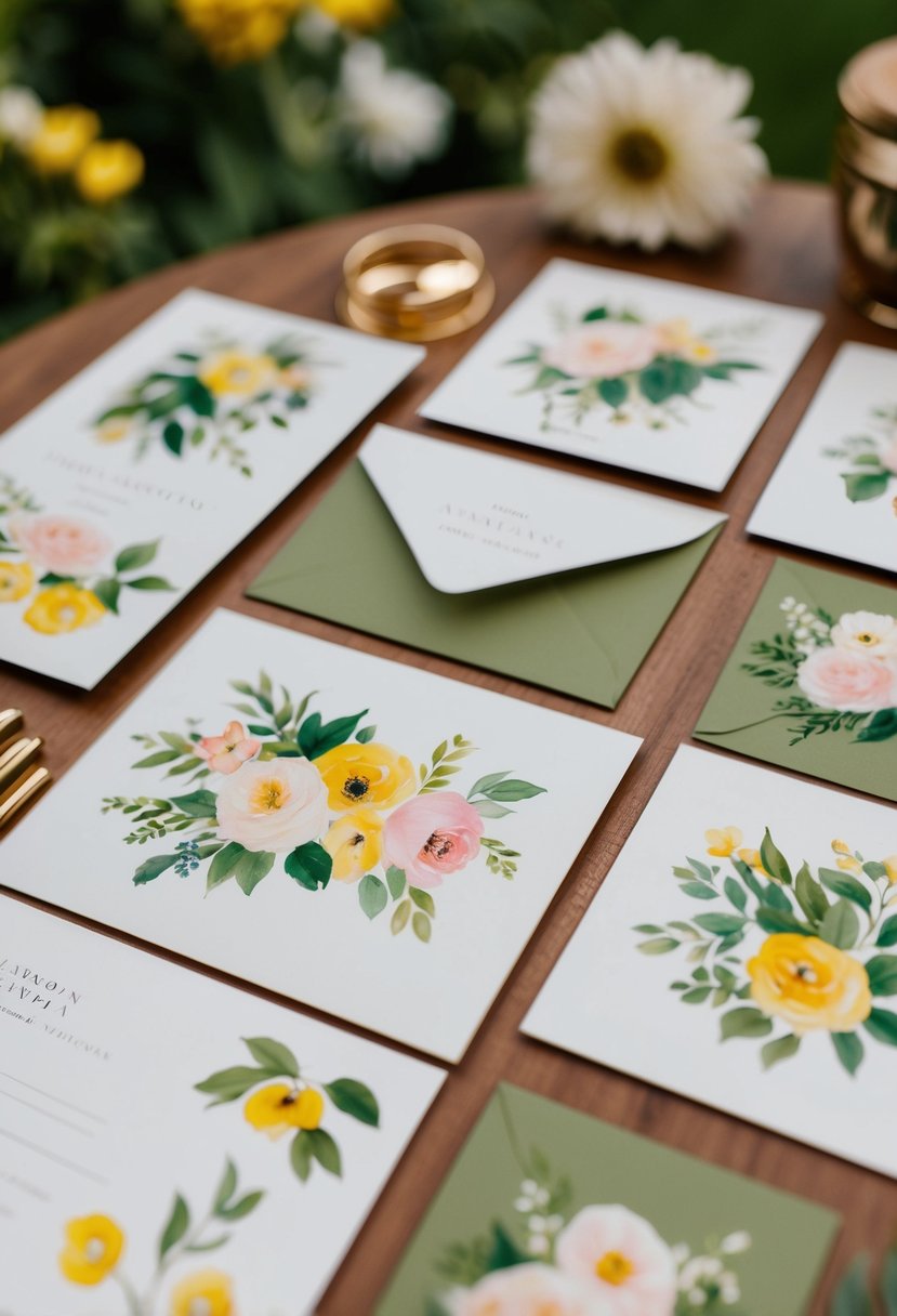 A collection of stationery featuring hand-painted floral illustrations, with a focus on garden wedding themes